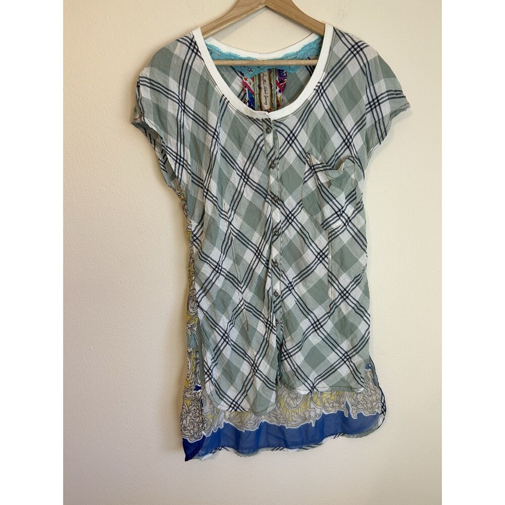 Aratta Silent Journey S Plaid Blouse Top Whimsy Boho Tunic Y2K Button Paisley